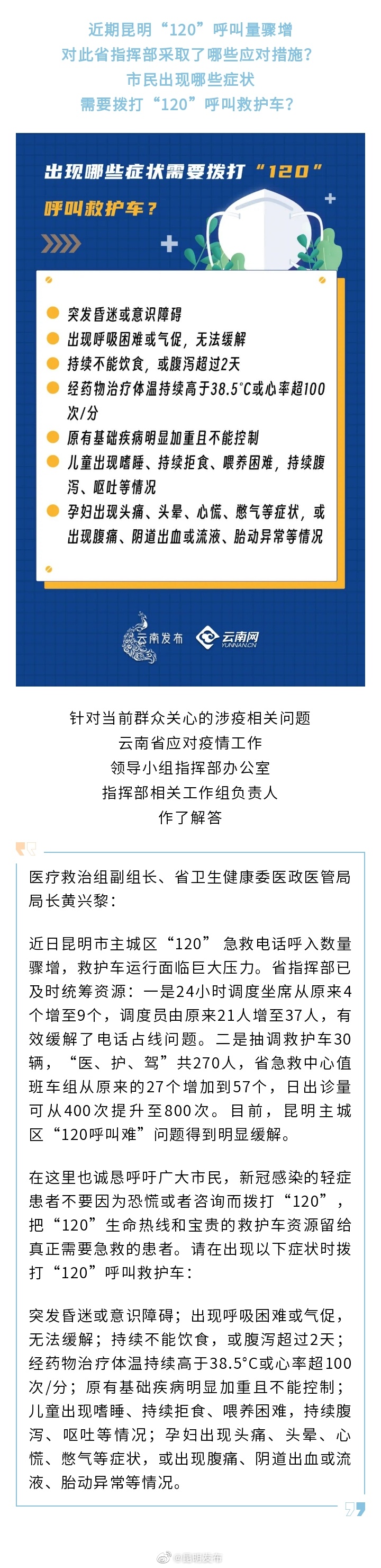 昆明主城区“120呼叫难”问题缓解 这些症状可拨打