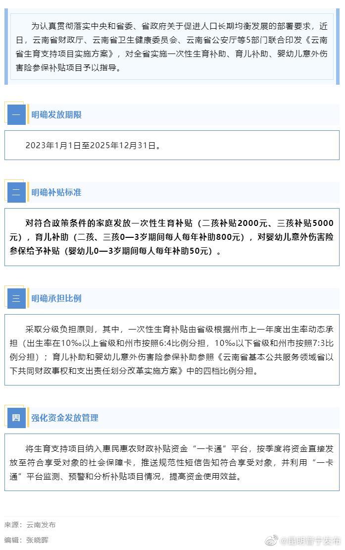 三孩补贴5000元！云南省生育补贴标准明确了