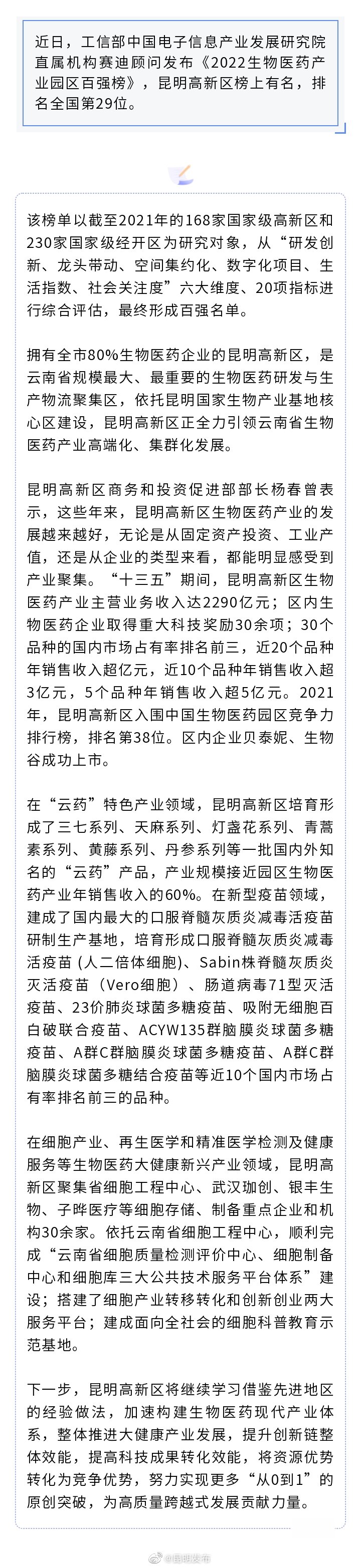昆明高新区上榜全国百强生物医药园区