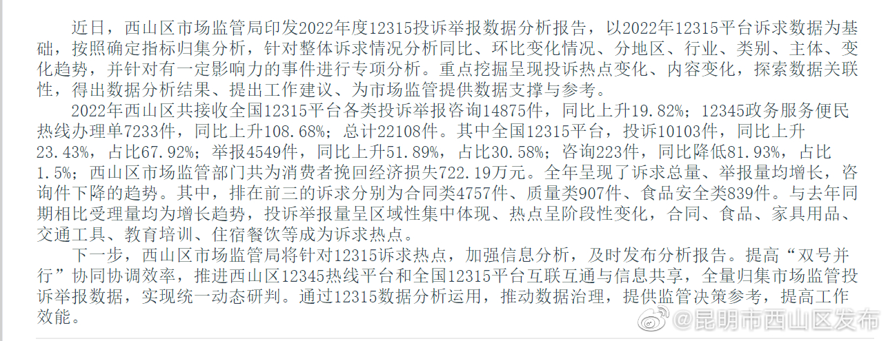 西山区市场监管局2022年为消费者挽回经济损失700多万