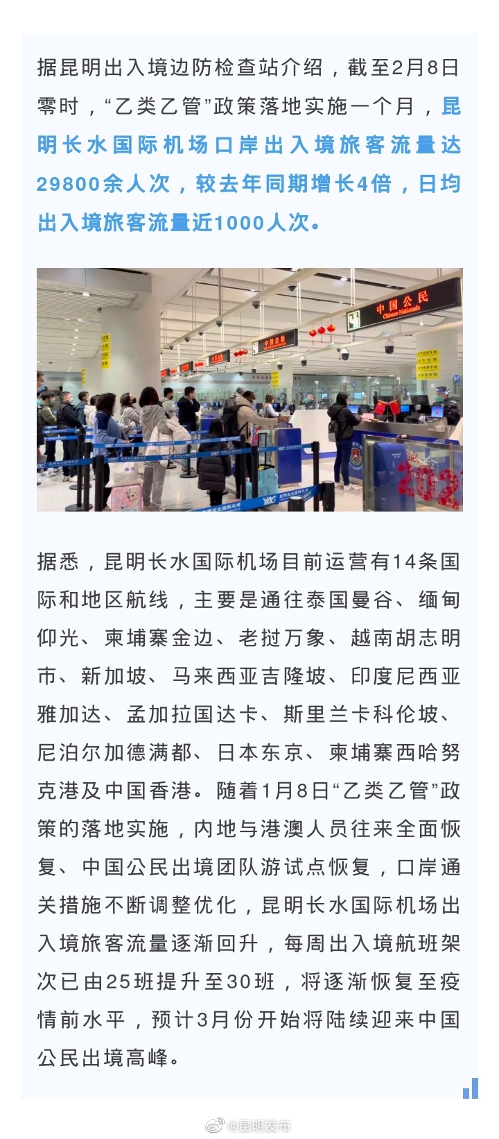 “乙类乙管”政策实施首月 昆明机场出入境人数同比增4倍