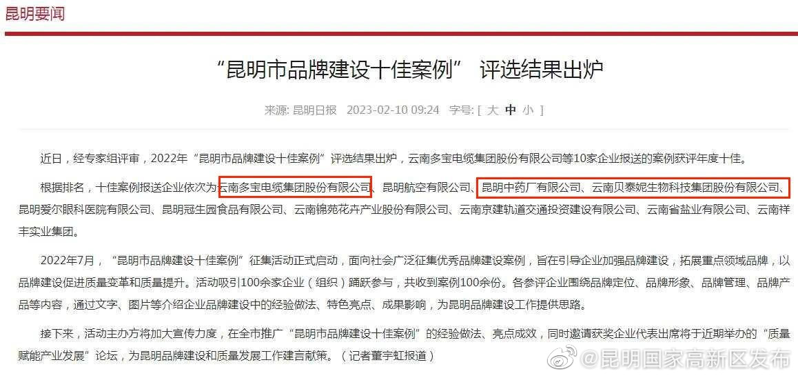 昆明高新区3家企业品牌案例入选“2022年昆明市品牌建设十佳案例”