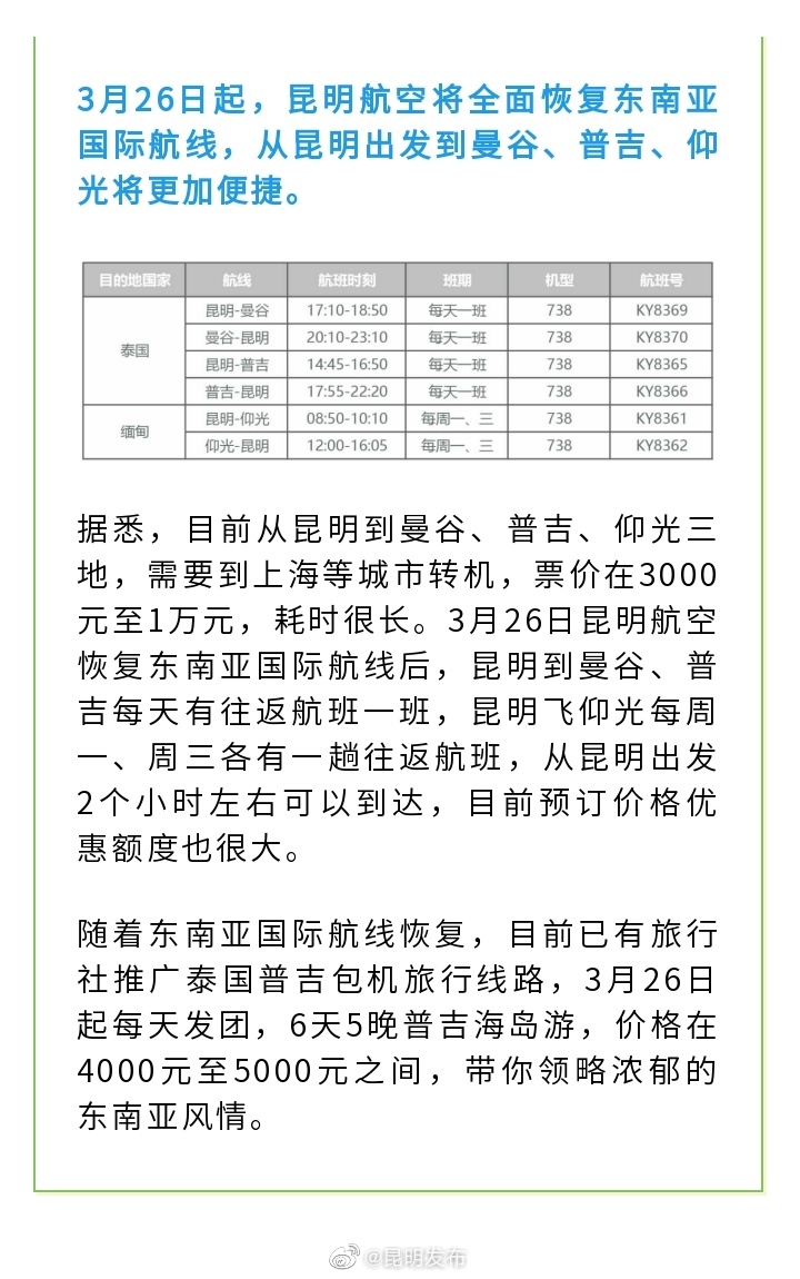 昆明航空东南亚国际航线3月26日起将全面恢复