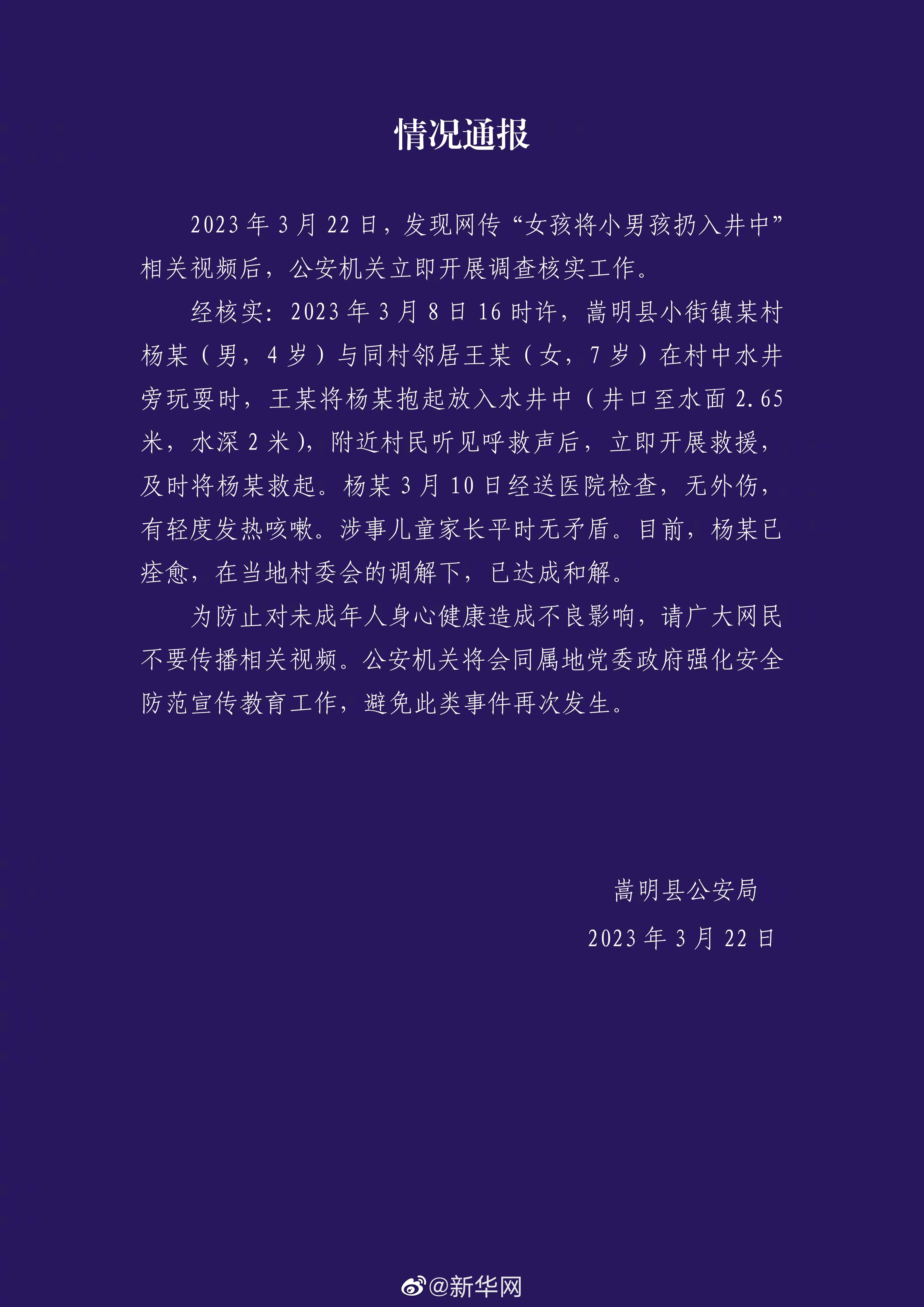 嵩明警方通报女孩将小男孩扔入井中调查情况