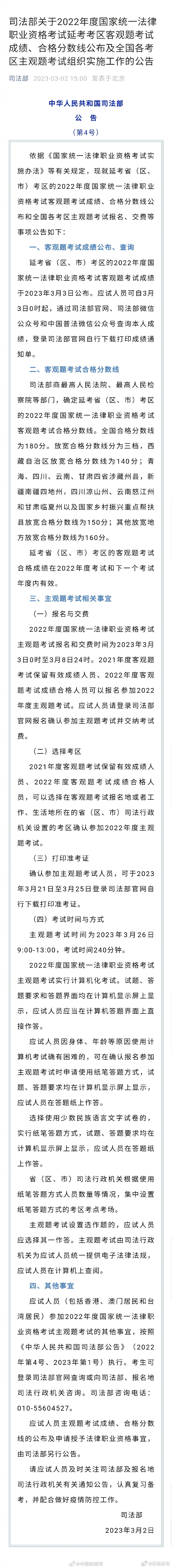 3月3日，2022法考客观题可查成绩