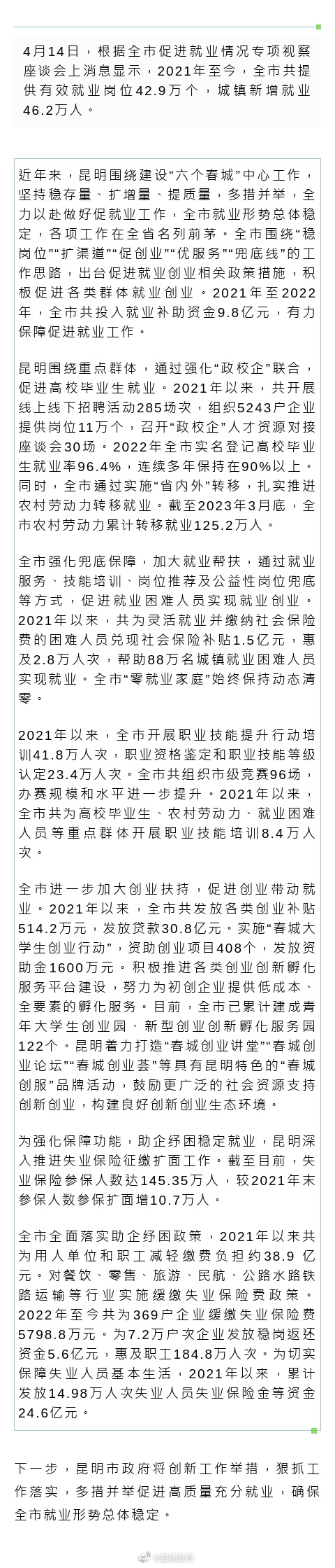 赞！有效就业岗位42.9万个