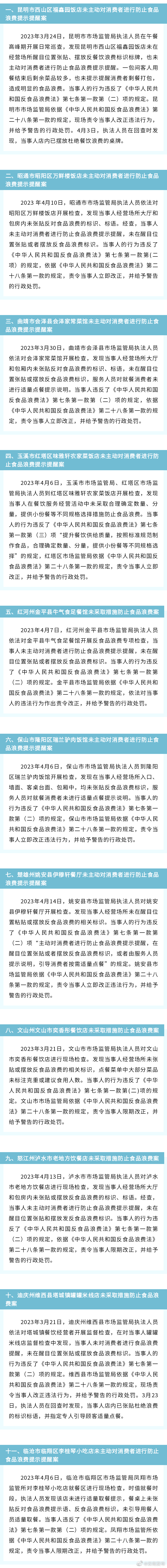 云南公布首批制止餐饮浪费专项行动典型案例