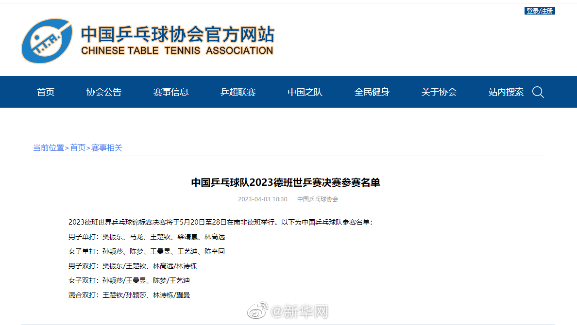 中国乒乓球队2023德班世乒赛决赛参赛名单