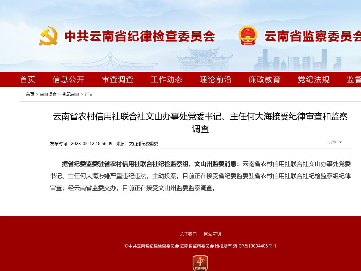 云南省农村信用社联合社文山办事处党委书记、主任何大海接受纪律审查和监察调查