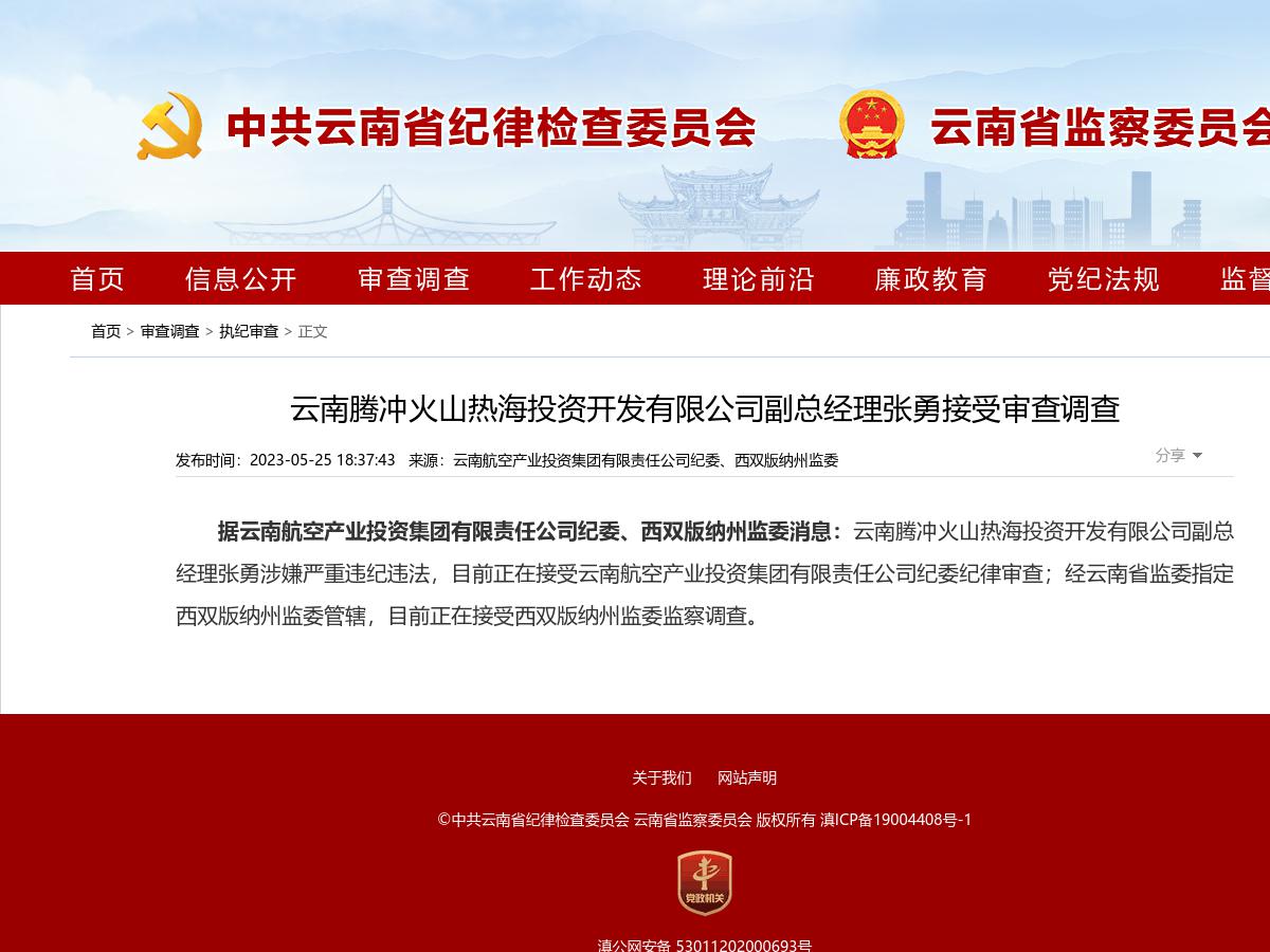 云南腾冲火山热海投资开发有限公司副总经理张勇接受审查调查