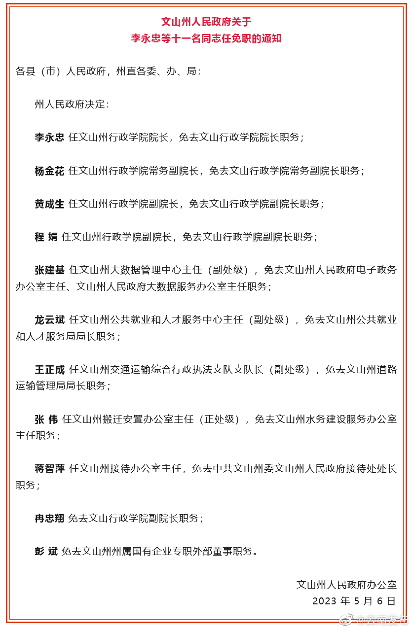 文山州人民政府发布一批人事任免职通知