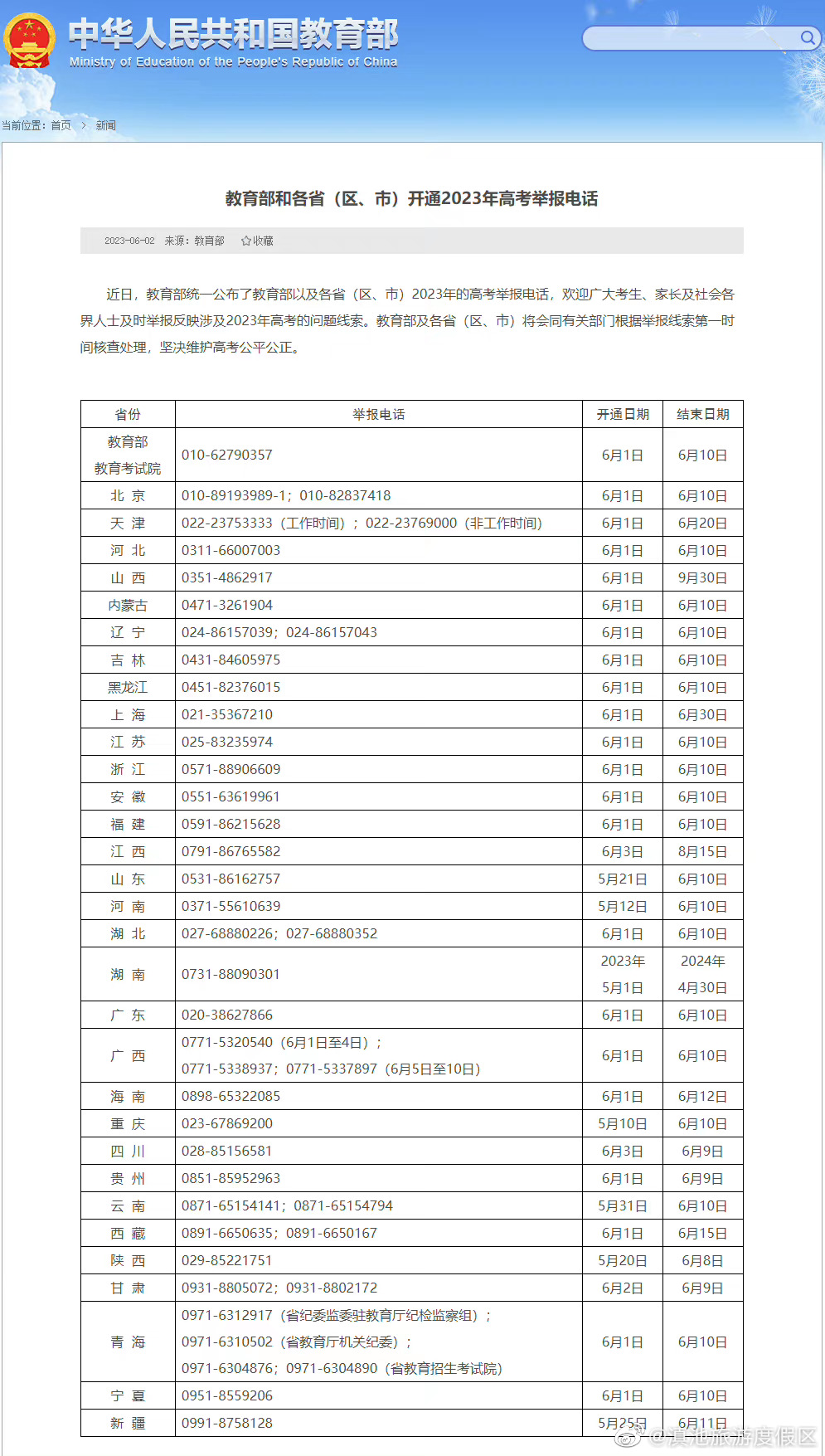 教育部和各省（区、市）开通2023年高考举报电话