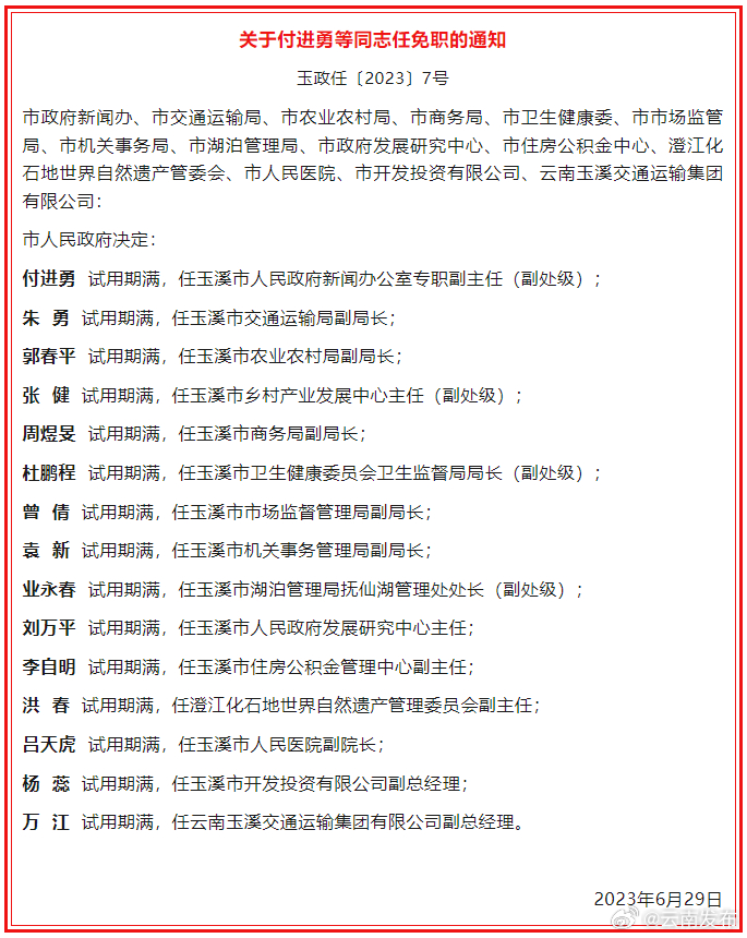 玉溪市人民政府发布干部任职通知