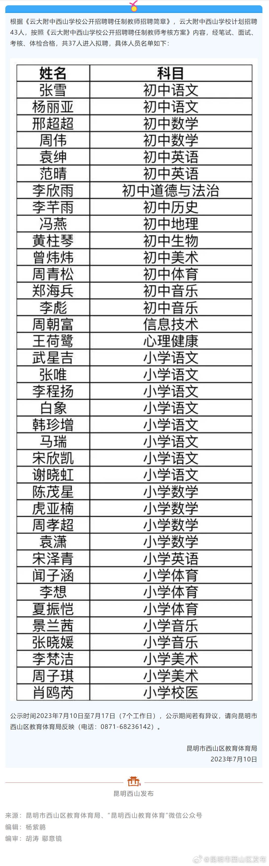 37人！云大附中西山学校2023年聘任制教师拟聘人员名单公布