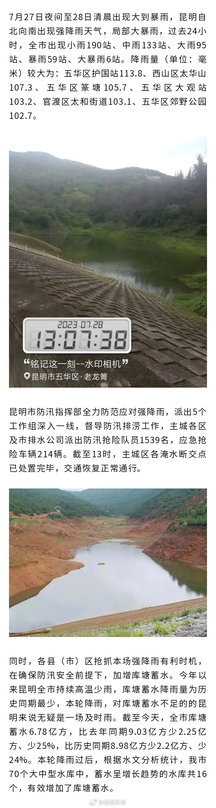 淹水断交点已处置完毕 本轮强降雨为昆明水库“解渴”