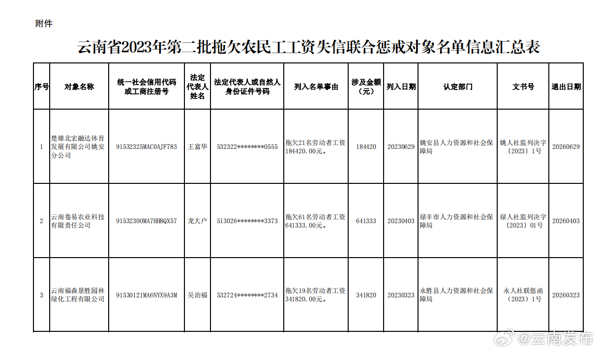 云南公布一批拖欠农民工工资失信联合惩戒对象名单