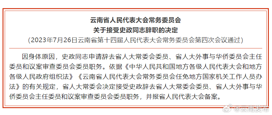 省人大常委会关于接受史政同志辞职的决定