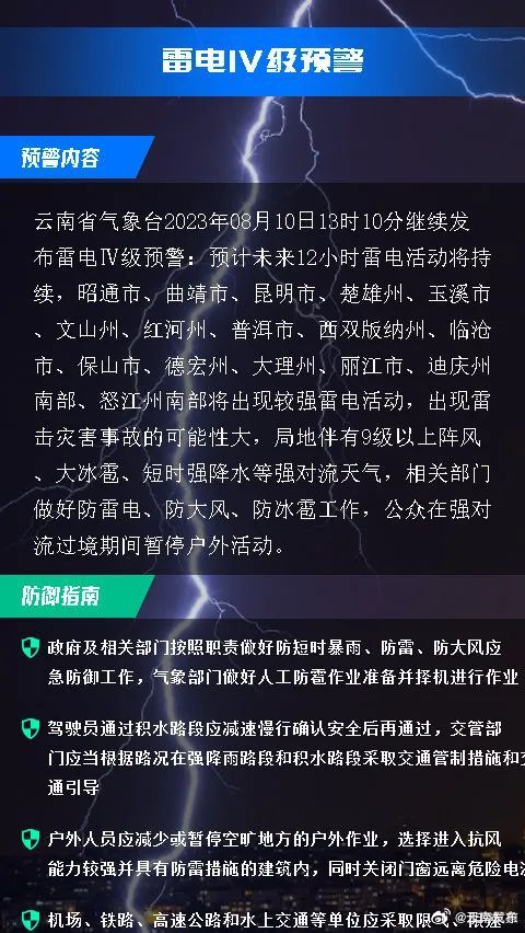 注意防范！云南省气象台继续发布雷电Ⅳ级预警