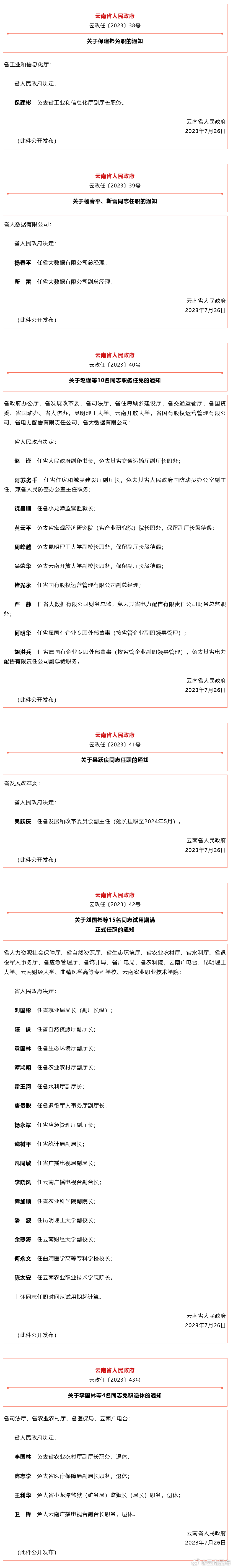 云南省人民政府发布一批任免职通知