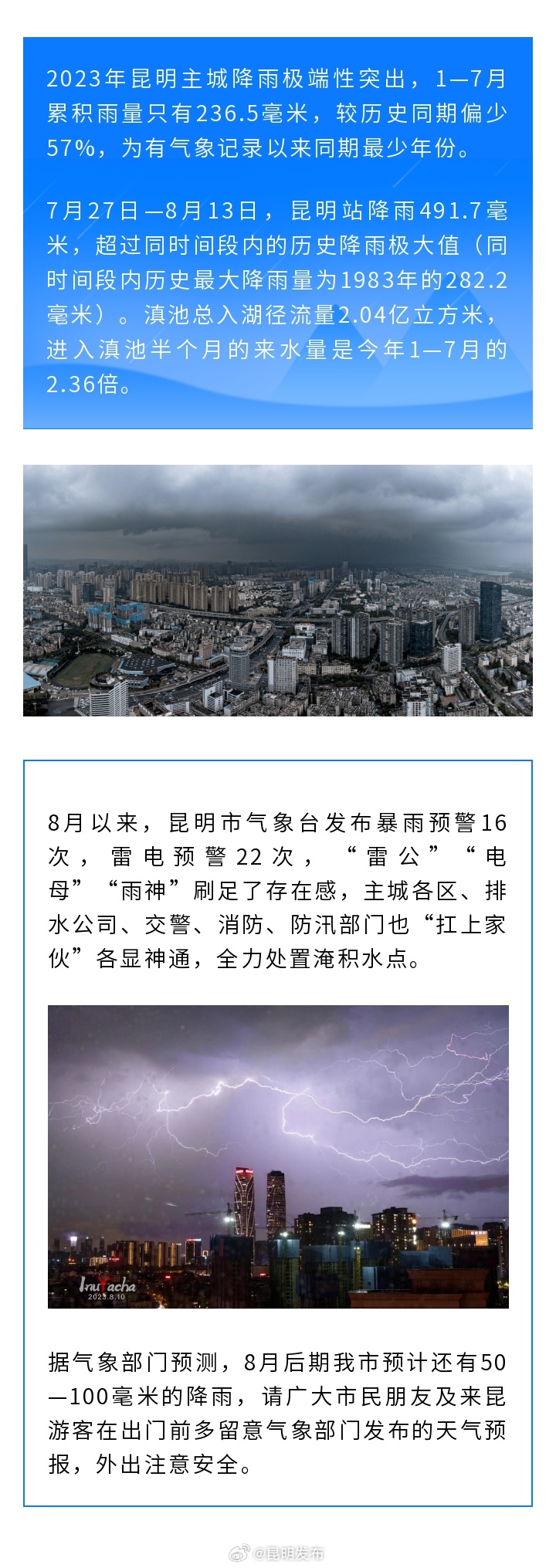 8月后期，昆明预计还有50—100毫米降雨