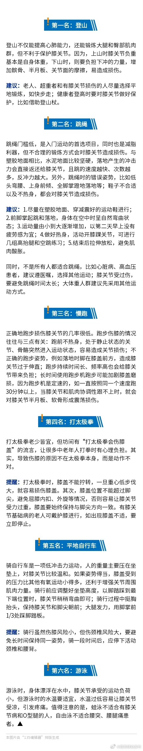 一份运动伤膝风险排名，看你运动选对了吗
