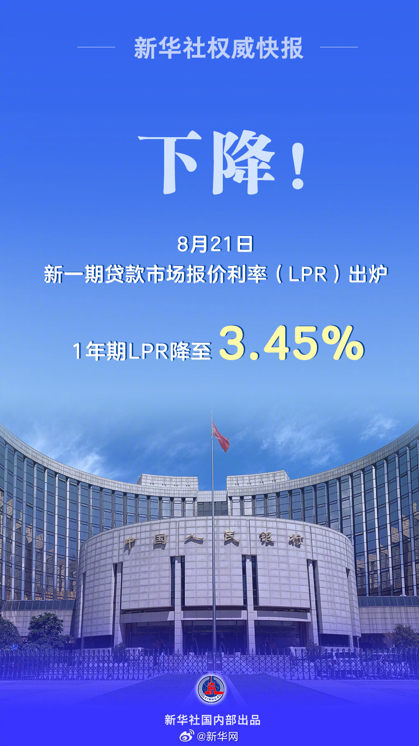 下降10个基点！1年期LPR降至3.45%