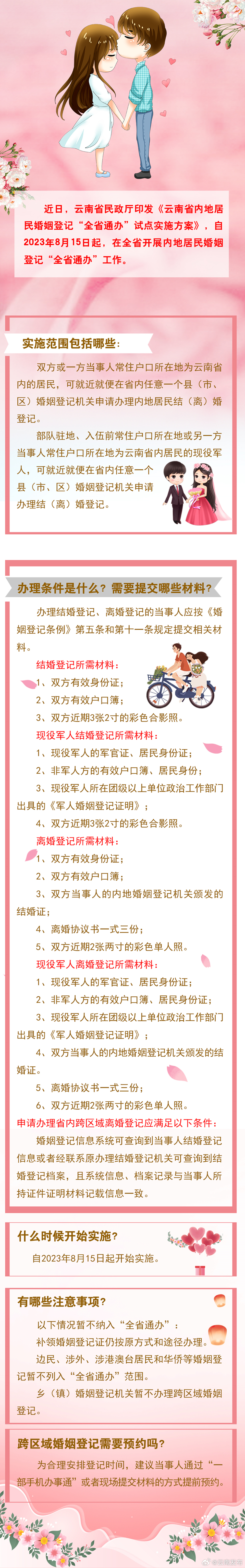8月15日起云南省内地居民婚姻登记全省通办