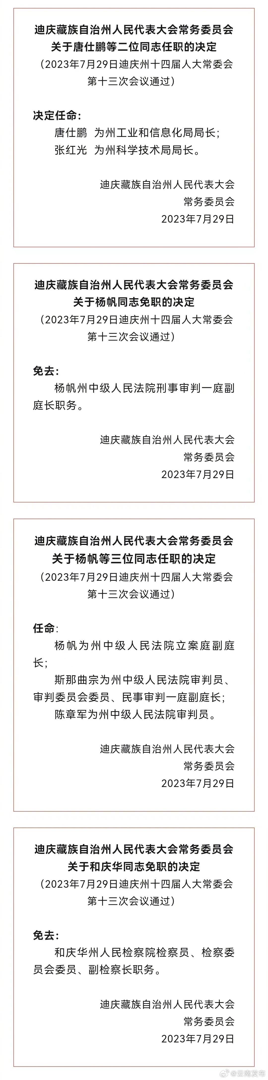 迪庆州人大常委会通过一批人事任免名单