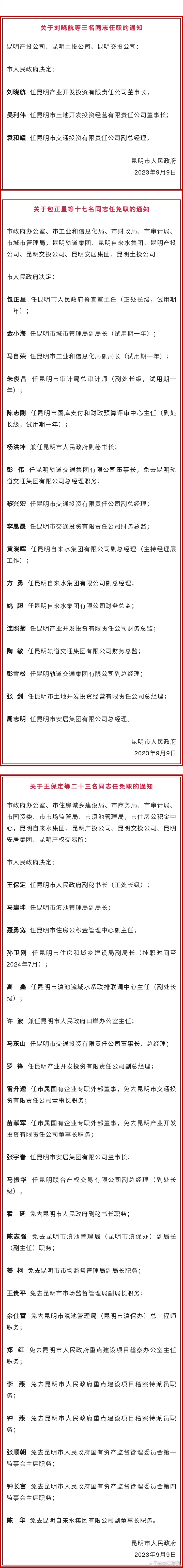 昆明市人民政府发布一批任免职通知