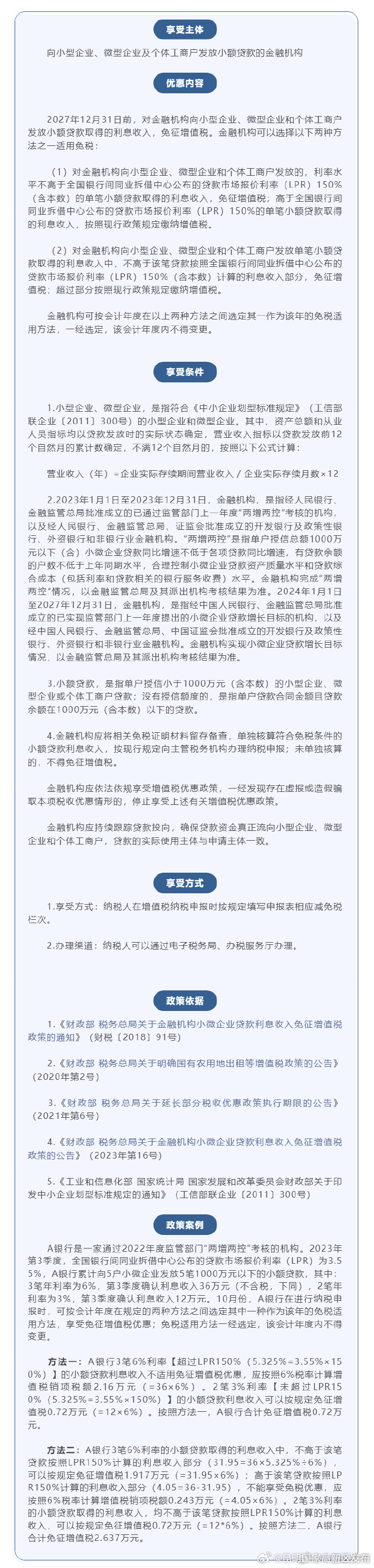 一文了解：金融机构小微企业及个体工商户1000万元及以下小额贷款利息收入免征增值税政策