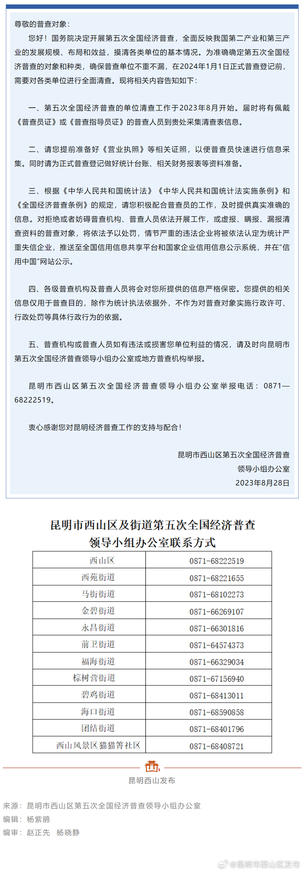 昆明市西山区第五次全国经济普查单位清查告知书