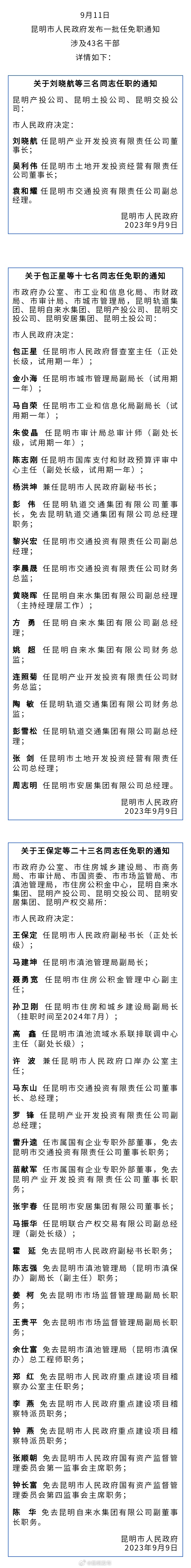 昆明市人民政府发布一批任免职通知