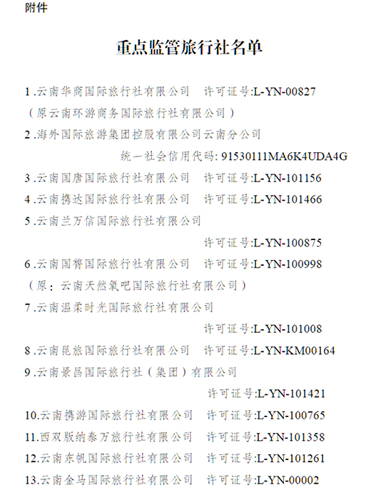 云南省文化和旅游厅关于对2023年8月投诉排名靠前旅行社实施重点监管的通知