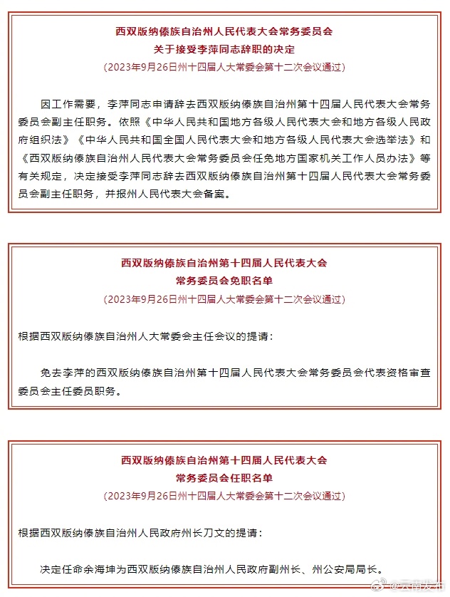 西双版纳州人大常委会通过一批人事任免名单