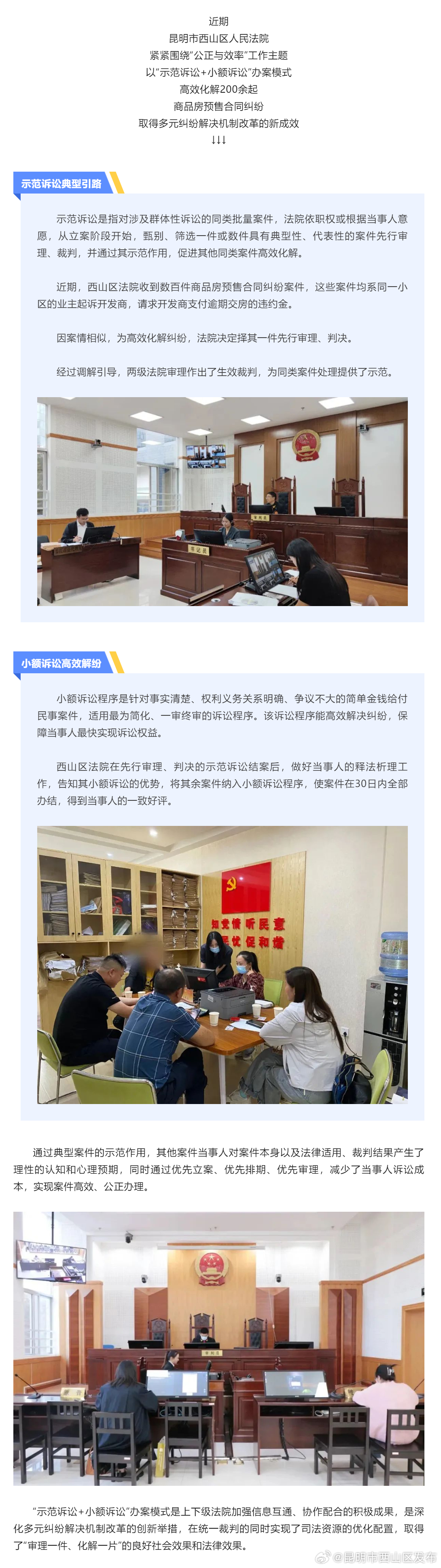 西山法院以“示范诉讼+小额诉讼”办案模式，高效化解200余起纠纷 