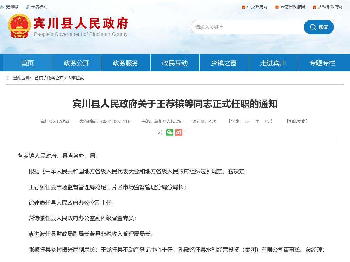 宾川县人民政府关于王荐镔等同志正式任职的通知