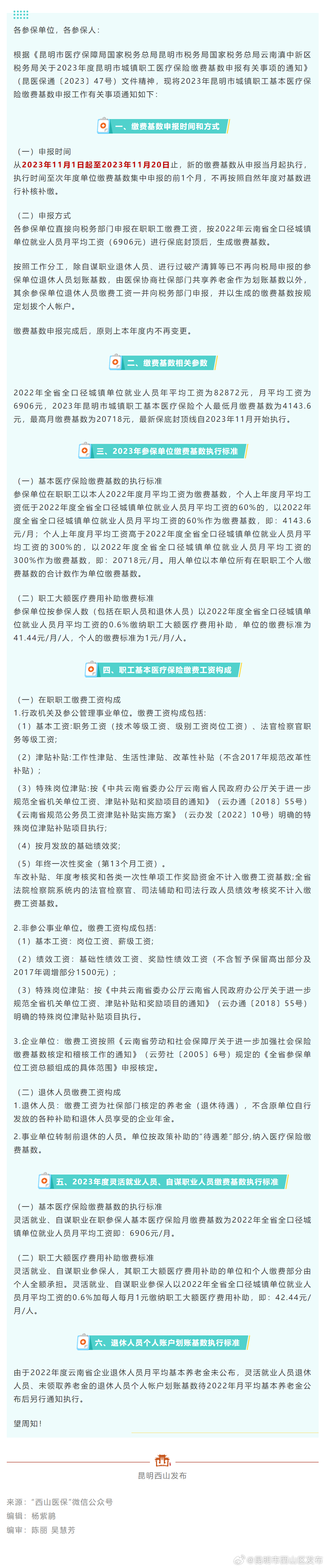 昆明市西山区医疗保障局关于医保基数调整申报的通知