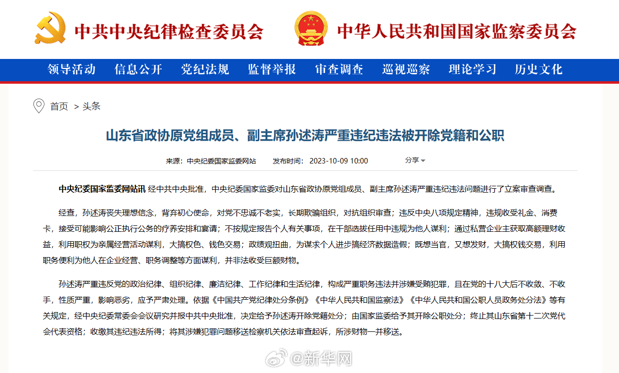 孙述涛严重违纪违法被双开