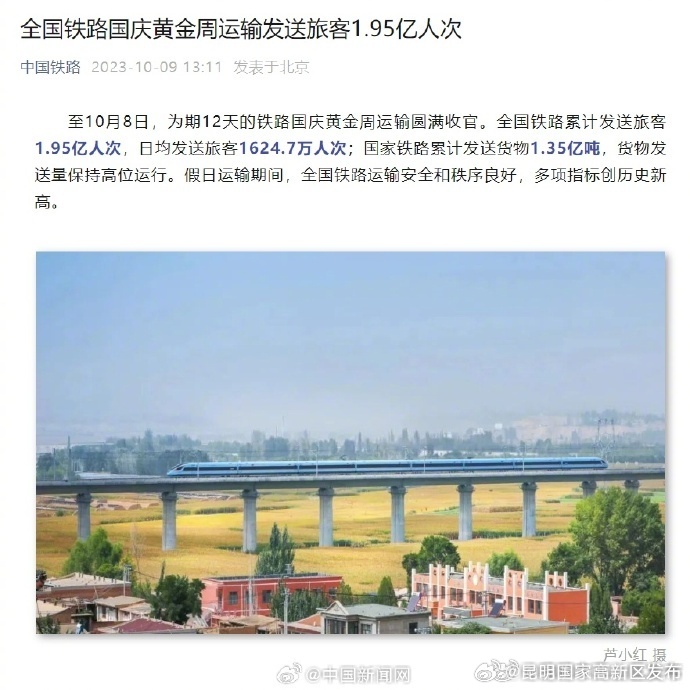铁路国庆黄金周发送旅客1.95亿人次