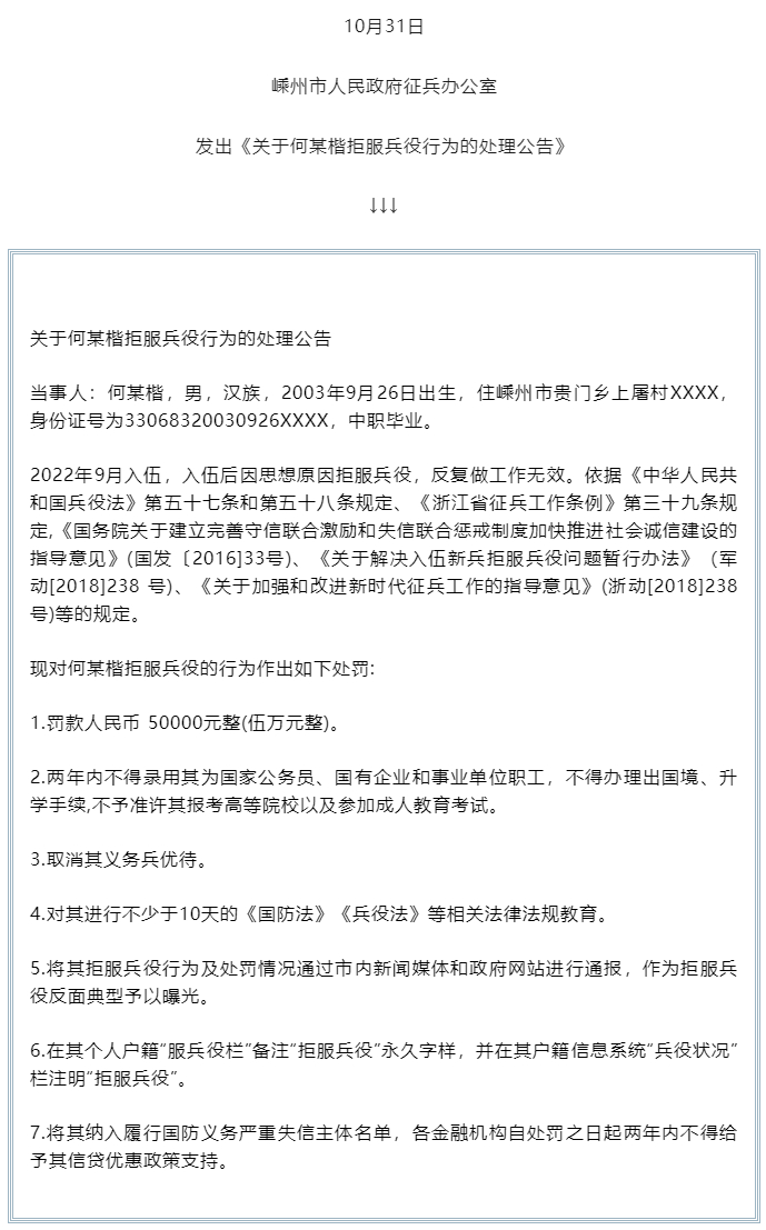 00后拒服兵役受7项处罚