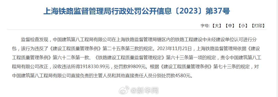 上海铁路监督管理局行政处罚公开信息〔2023〕第37号
