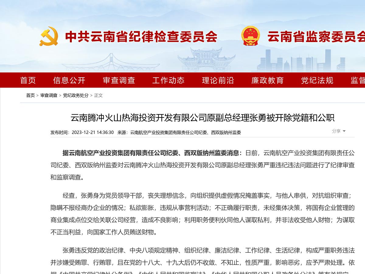 云南腾冲火山热海投资开发有限公司原副总经理张勇被开除党籍和公职