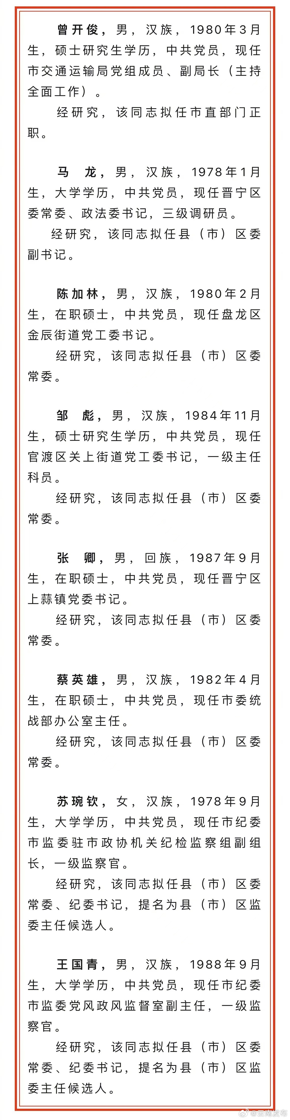 昆明市发布市管干部任前公示公告