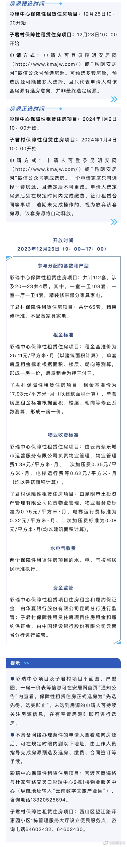 昆明12月25日起开始分配177套保租房