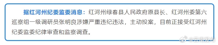 红河州绿春县人民政府原县长、红河州委第六巡察组一级调研员张明良接受纪律审查和监察调查
