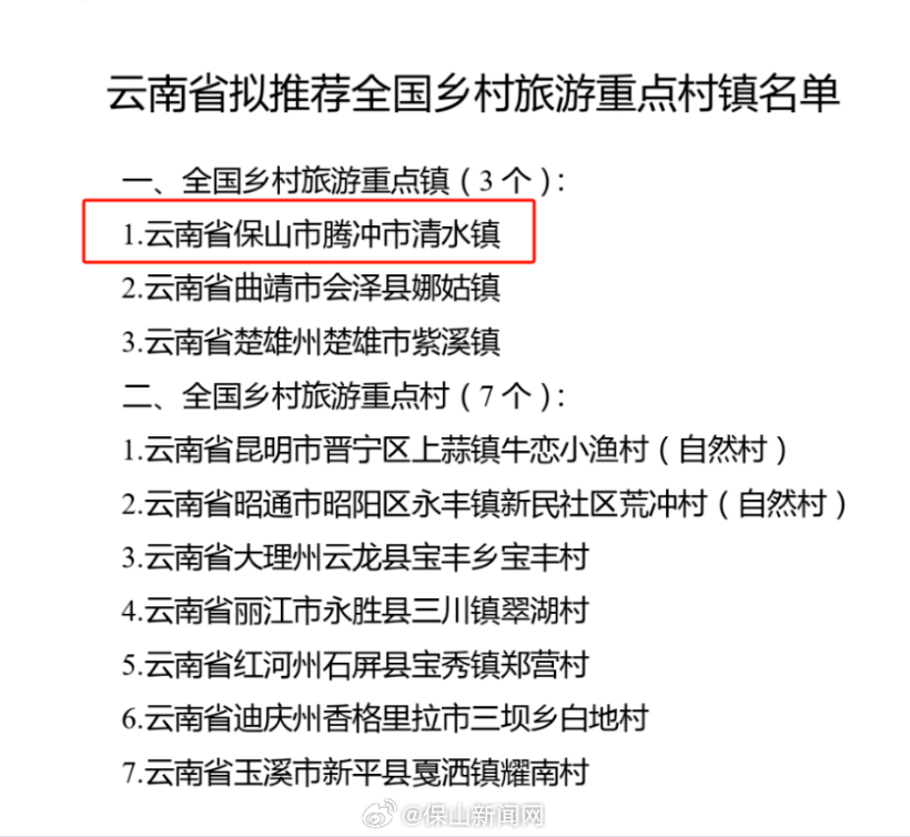 腾冲清水镇拟入选，全国乡村旅游重点村镇！