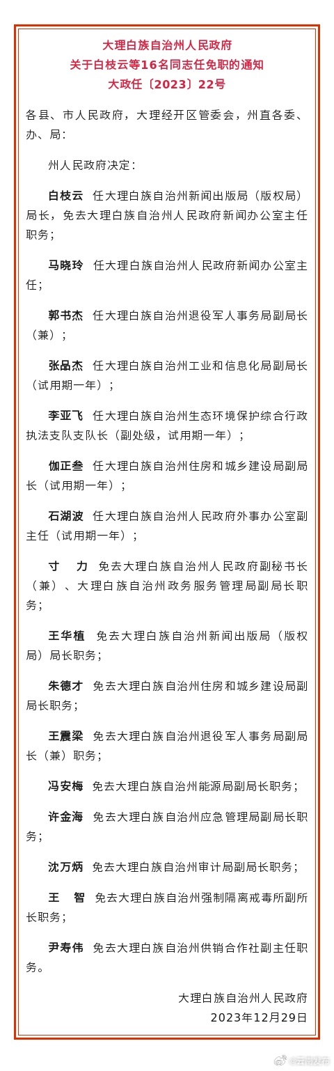 大理州人民政府发布任免职通知