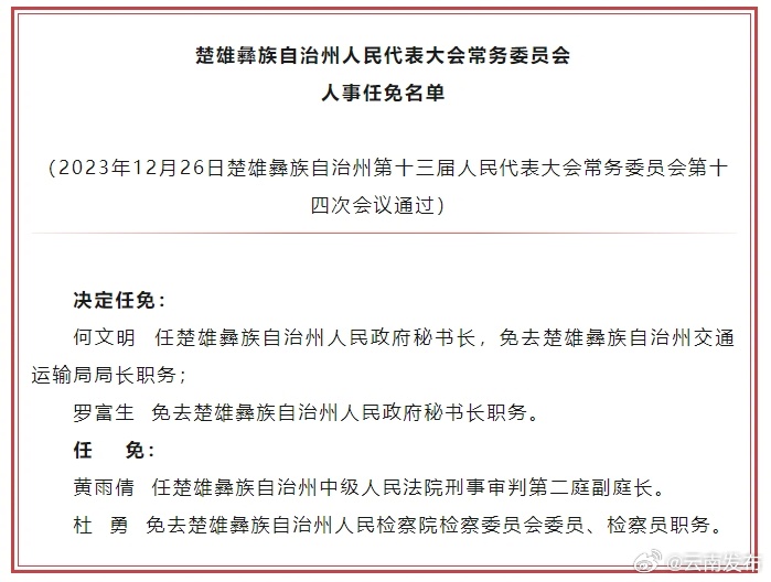 楚雄州人大常委会通过一批人事任免名单