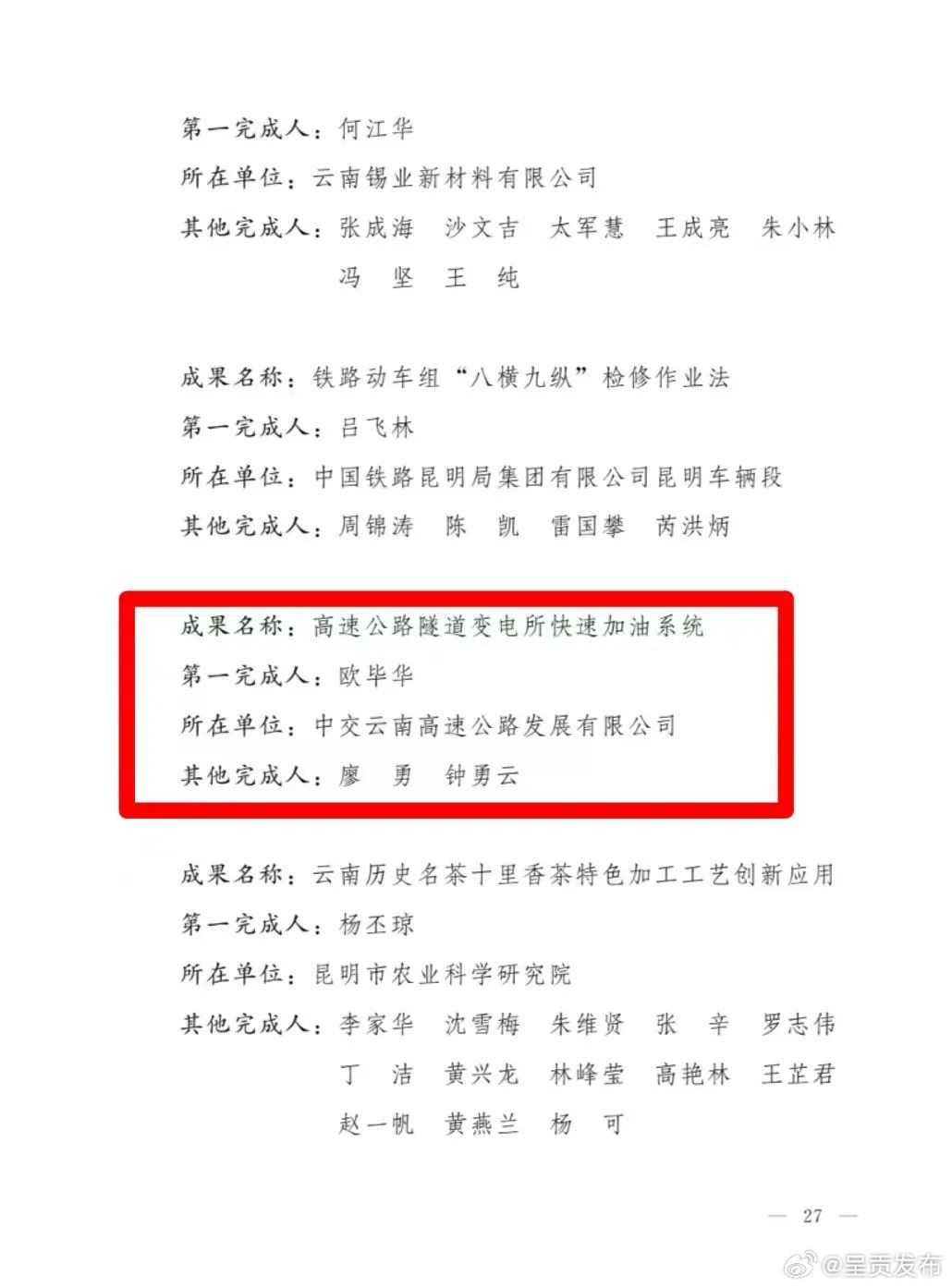 呈贡区产改企业中交云南高速荣获云南省第五届职工创新成果“十佳先进操作(工作）法”荣誉