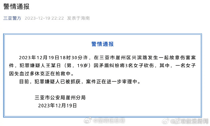 警方通报19岁男子砍伤3名女子：犯罪嫌疑人已被抓获